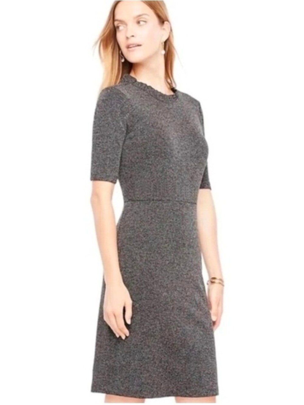 Ann Taylor Heathered Charcoal Short-Sleeve Fit & Flare Dress - Size 12